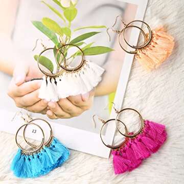 LANTAI 12 Pairs Bohemian Tassel Earrings for Women-Trendy Colorful Fringe Statement Earrings Christmas Earrings for Women Jewelry