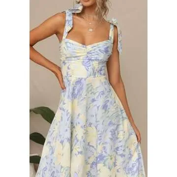 Fantasy City Women's Casual Sleeveless Long Floral Dress for Summer Adjustable Shoulder Strap Beach Flowy Dress (US, Alpha, Small, Regular, Regular, Blue)