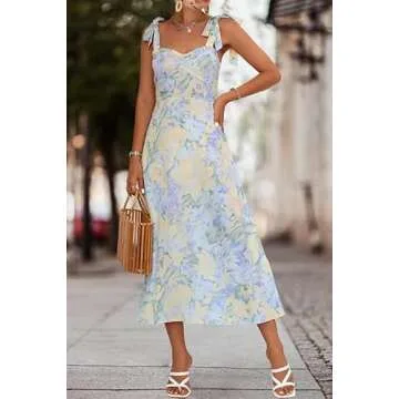 Fantasy City Women's Casual Sleeveless Long Floral Dress for Summer Adjustable Shoulder Strap Beach Flowy Dress (US, Alpha, Small, Regular, Regular, Blue)