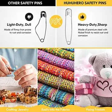 Huhuhero 340 Pack Safety Pins Assorted, 5 Different Sizes Small and Large Pins, Safety Pin for Clothes Costume Sewing, Nickel Plated Steel Bulk, Arts and Crafts Supplies, Silver