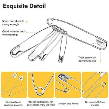 Huhuhero 340 Pack Safety Pins Assorted, 5 Different Sizes Small and Large Pins, Safety Pin for Clothes Costume Sewing, Nickel Plated Steel Bulk, Arts and Crafts Supplies, Silver