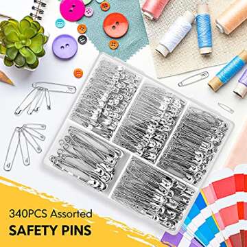 Huhuhero 340 Pack Safety Pins Assorted, 5 Different Sizes Small and Large Pins, Safety Pin for Clothes Costume Sewing, Nickel Plated Steel Bulk, Arts and Crafts Supplies, Silver