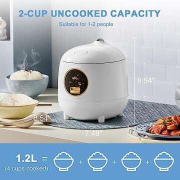 Bear Rice Cooker 2-Cups Uncooked, 1.2L Small Rice Cooker with Non-stick Coating, BPA Free, Portable Mini Rice Cooker, One Button to Cook and Keep Warm Function, White