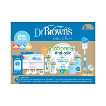 Dr. Brown’s Natural Flow Anti-Colic Options+ Wide-Neck Glass Baby Bottle Starter Set with 100% Sil...