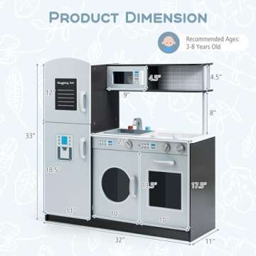 Costzon Kids Kitchen Playset, Wooden Pretend Play Toy Set with Realistic Sound, Microwave, Oven, Washing Machine, Refrigerator, Sink, Play Kitchen for Toddlers, Gift for Boys Girls Age 3+