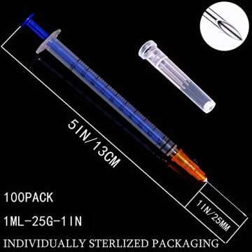 100 Pack 1ml/cc Plastic Luer Slip Syringa with 25Ga and Cap, Individually Sealed Wrapped, for Scient...