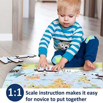 iPlay, iLearn Floor Puzzles for Kids Ages 3-5 4-8, Toddlers Wooden Jigsaw Puzzles, Round World Map Puzzle Toy W/Large Pieces, Geography Educational Birthday Gifts for 6-7 Year Old Boys Girls Children