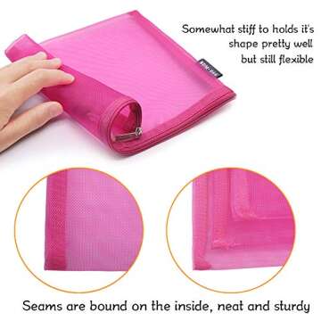 HRX Package Nylon Mesh Makeup Bags with Zipper, 6PCS Cosmetic Pouches Travel Organizer Case Hot Pink for Purse Diaper Bag (A5 x 3pcs, A6 x 3pcs)