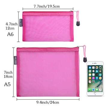 HRX Package Nylon Mesh Makeup Bags with Zipper, 6PCS Cosmetic Pouches Travel Organizer Case Hot Pink for Purse Diaper Bag (A5 x 3pcs, A6 x 3pcs)