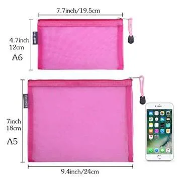 HRX Package Nylon Mesh Makeup Bags with Zipper, 6PCS Cosmetic Pouches Travel Organizer Case Hot Pink for Purse Diaper Bag (A5 x 3pcs, A6 x 3pcs)