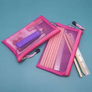 HRX Package Nylon Mesh Makeup Bags with Zipper, 6PCS Cosmetic Pouches Travel Organizer Case Hot Pink for Purse Diaper Bag (A5 x 3pcs, A6 x 3pcs)