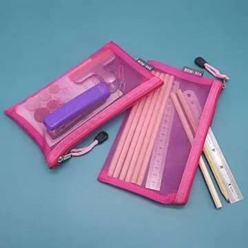 HRX Package Nylon Mesh Makeup Bags with Zipper, 6PCS Cosmetic Pouches Travel Organizer Case Hot Pink for Purse Diaper Bag (A5 x 3pcs, A6 x 3pcs)