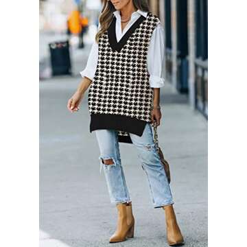 Kisscynest Women's Retro Houndstooth Sweater Vest Oversized V Neck Knit Tunic Tops Pullover, Medium