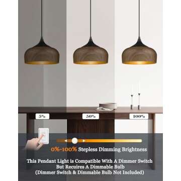 ELYONA Modern Pendant Light Walnut Wooden Pattern Dome Pendant Light Fixture Matte Black Metal Gold ...