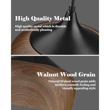ELYONA Modern Pendant Light Walnut Wooden Pattern Dome Pendant Light Fixture Matte Black Metal Gold Inner Finish Adjustable Hanging Lighting for Kitchen Island Dining Room Office Hallway Foyer Bedroom