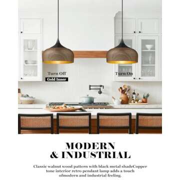 ELYONA Modern Pendant Light Walnut Wooden Pattern Dome Pendant Light Fixture Matte Black Metal Gold Inner Finish Adjustable Hanging Lighting for Kitchen Island Dining Room Office Hallway Foyer Bedroom