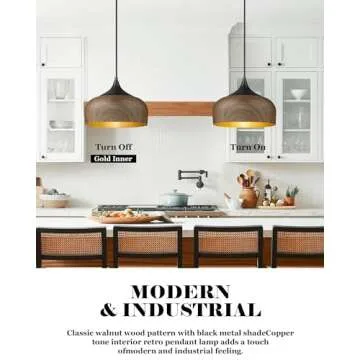 ELYONA Modern Pendant Light Walnut Wooden Pattern Dome Pendant Light Fixture Matte Black Metal Gold Inner Finish Adjustable Hanging Lighting for Kitchen Island Dining Room Office Hallway Foyer Bedroom