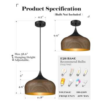 ELYONA Modern Pendant Light Walnut Wooden Pattern Dome Pendant Light Fixture Matte Black Metal Gold Inner Finish Adjustable Hanging Lighting for Kitchen Island Dining Room Office Hallway Foyer Bedroom