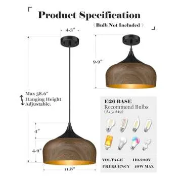 ELYONA Modern Pendant Light Walnut Wooden Pattern Dome Pendant Light Fixture Matte Black Metal Gold Inner Finish Adjustable Hanging Lighting for Kitchen Island Dining Room Office Hallway Foyer Bedroom