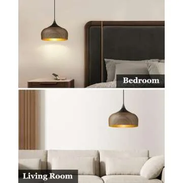 ELYONA Modern Pendant Light Walnut Wooden Pattern Dome Pendant Light Fixture Matte Black Metal Gold Inner Finish Adjustable Hanging Lighting for Kitchen Island Dining Room Office Hallway Foyer Bedroom