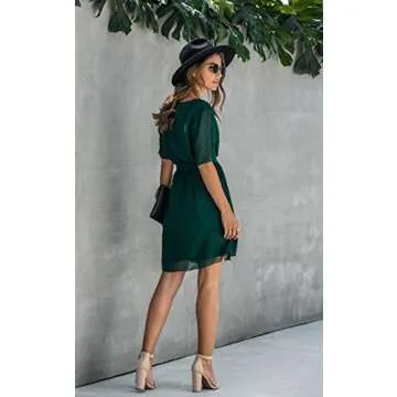 ECOWISH Women V Neck Short Sleeve Polka Dot Floral Pattern A-Line Tie Belt Short Dress with Ruffle Irregular Hem Green Medium