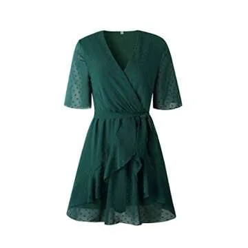 ECOWISH Women V Neck Short Sleeve Polka Dot Floral Pattern A-Line Tie Belt Short Dress with Ruffle Irregular Hem Green Medium