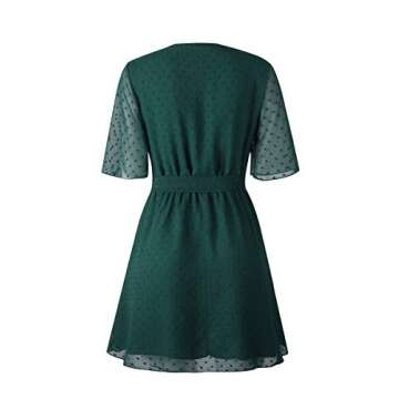 ECOWISH Women V Neck Short Sleeve Polka Dot Floral Pattern A-Line Tie Belt Short Dress with Ruffle Irregular Hem Green Medium