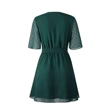 ECOWISH Women V Neck Short Sleeve Polka Dot Floral Pattern A-Line Tie Belt Short Dress with Ruffle Irregular Hem Green Medium