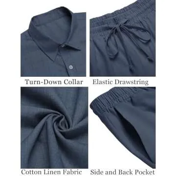 COOFANDY Mens Two Piece Summer Sets Linen Button Up Short Sleeve Shirts Summer Beach Shorts Wedding Clothing Blue