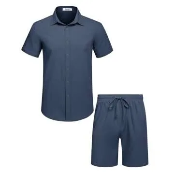 COOFANDY Mens Two Piece Summer Sets Linen Button Up Short Sleeve Shirts Summer Beach Shorts Wedding Clothing Blue