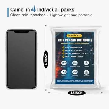 Airpler Disposable Rain Ponchos for Family Adults 4 Pack (Clear) - Emergency Adult Rain Poncho with Drawstring Hood