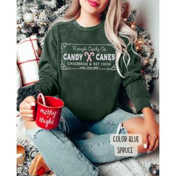 FASHGL Christmas Sweatshirts Women Candy Canes Graphic Sweatshirt Vintage Xmas Long Sleeve Shirt Pullover Tops Green