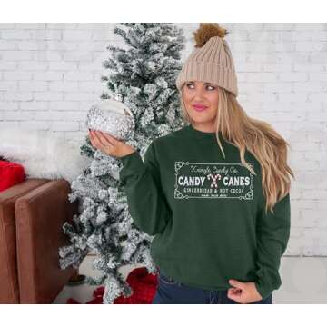FASHGL Christmas Sweatshirts Women Candy Canes Graphic Sweatshirt Vintage Xmas Long Sleeve Shirt Pullover Tops Green