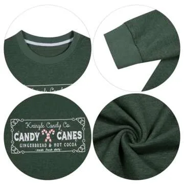 FASHGL Christmas Sweatshirts Women Candy Canes Graphic Sweatshirt Vintage Xmas Long Sleeve Shirt Pullover Tops Green