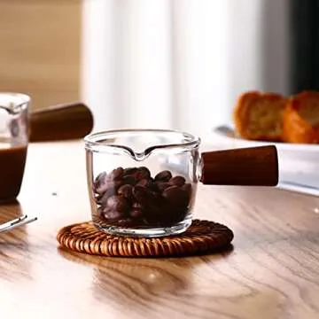 Single Spout Espresso Coffee Shot Glass with Wood Handle Measuring Cup Triple Pitcher Milk Cup Coffe...