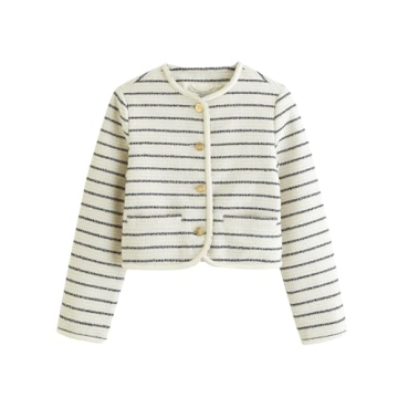 YEXPINE Women's Tweed Jackets 2024 Fall Long Sleeve Crew Neck Button Down Cropped Jacket Coat with Pockets