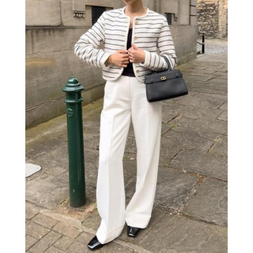 YEXPINE Women's Tweed Jackets 2024 Fall Long Sleeve Crew Neck Button Down Cropped Jacket Coat with Pockets