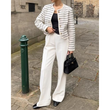 YEXPINE Women's Tweed Jackets 2024 Fall Long Sleeve Crew Neck Button Down Cropped Jacket Coat with Pockets