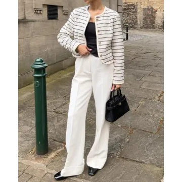 YEXPINE Women's Tweed Jackets 2024 Fall Long Sleeve Crew Neck Button Down Cropped Jacket Coat with Pockets