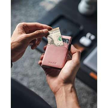 VULKIT Credit Card Holder Minimalist Slim Pop Up Wallet with Leather Slots RFID Blocking for Men and Women Holds 7 Cards and Notes Rose