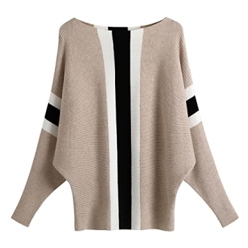 GABERLY Boat Neck Batwing Sleeves Dolman Knitted Sweaters and Pullovers Tops for Women (Stripe&Khaki...