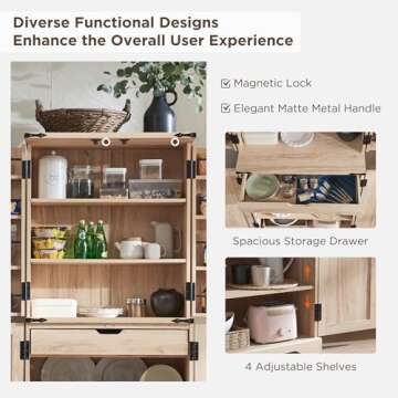 ACCOHOHO 72" Tall Kitchen Pantry with Rattan Doors, Storage Cabinet with Organizer, Drawer and Adjustable Shelves, Wood Cupboard for Kitchen, Dining Room, Bathroom and Hallway, Natural Oak