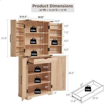ACCOHOHO 72" Tall Kitchen Pantry with Rattan Doors, Storage Cabinet with Organizer, Drawer and Adjustable Shelves, Wood Cupboard for Kitchen, Dining Room, Bathroom and Hallway, Natural Oak