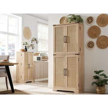 ACCOHOHO 72" Tall Kitchen Pantry with Rattan Doors, Storage Cabinet with Organizer, Drawer and Adjustable Shelves, Wood Cupboard for Kitchen, Dining Room, Bathroom and Hallway, Natural Oak