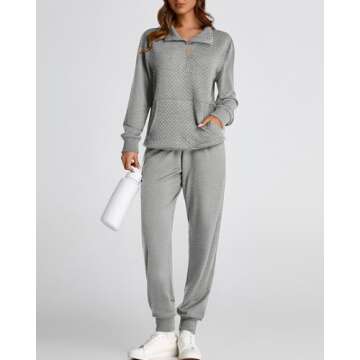 BTFBM Womens Sweatsuits 2 Piece Set Quilted Quarter Zip Pullover Jogger Sweatpants Tracksuit Fall Matching Lounge Sets(Solid Light Grey, Medium)