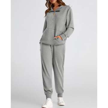 BTFBM Womens Sweatsuits 2 Piece Set Quilted Quarter Zip Pullover Jogger Sweatpants Tracksuit Fall Matching Lounge Sets(Solid Light Grey, Medium)