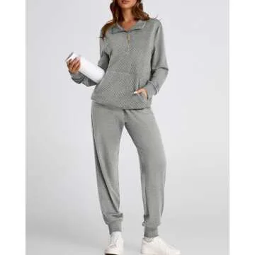 BTFBM Womens Sweatsuits 2 Piece Set Quilted Quarter Zip Pullover Jogger Sweatpants Tracksuit Fall Matching Lounge Sets(Solid Light Grey, Medium)