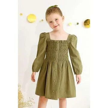Happy Town Toddler Girl Dress Long Sleeve Play Wear Dress Baby Solid Color Casual Fall Winter Clothes (Green,5-6T)……