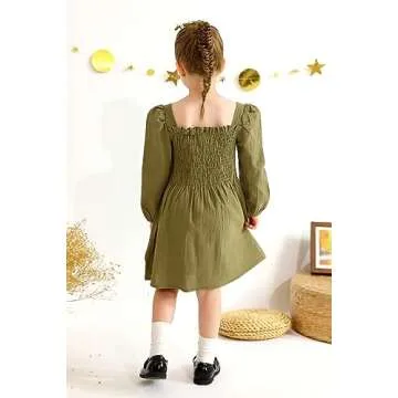 Happy Town Toddler Girl Dress Long Sleeve Play Wear Dress Baby Solid Color Casual Fall Winter Clothes (Green,5-6T)……