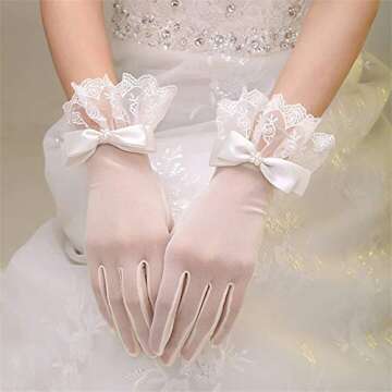 R STAR Floral Short Lace Gloves, Women Wrist Length Gloves for Wedding(B)